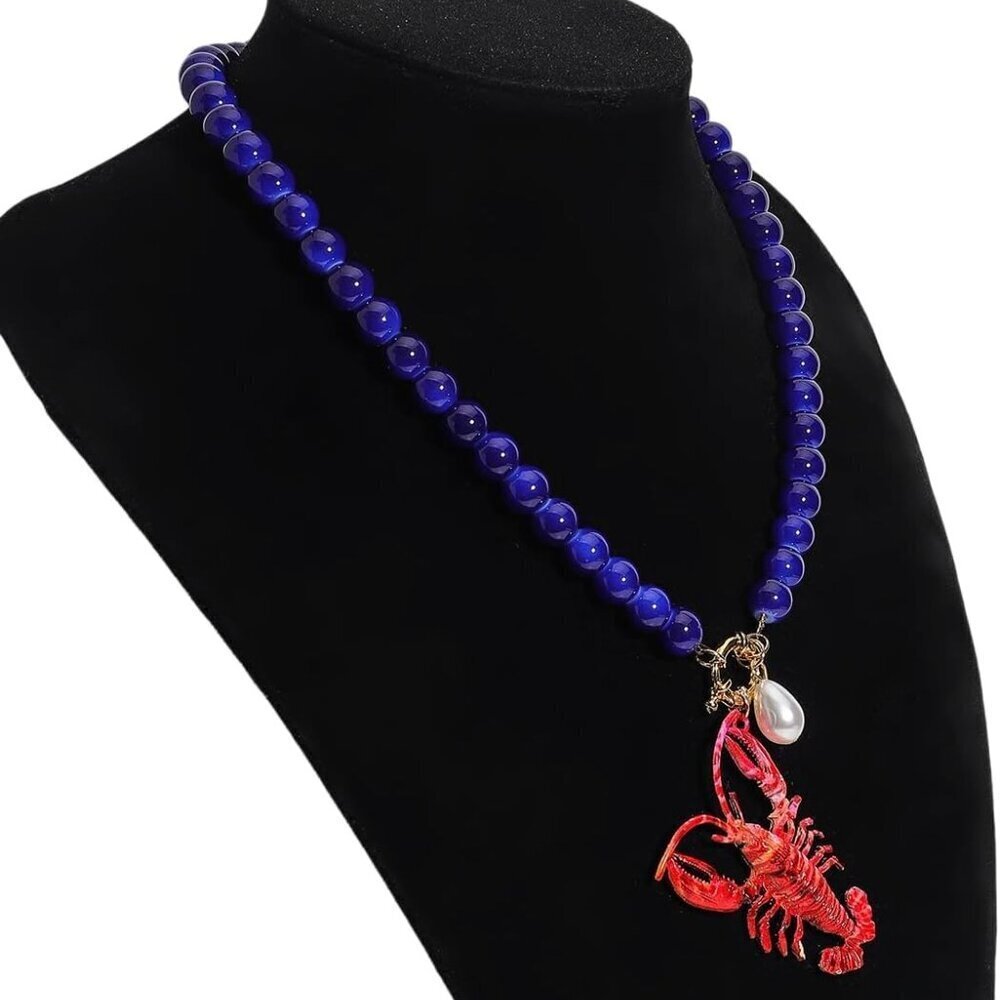 Elegant Deep Blue Beaded Lobster Pendant Necklace for Women - Beach Chic - Picture 5 of 7